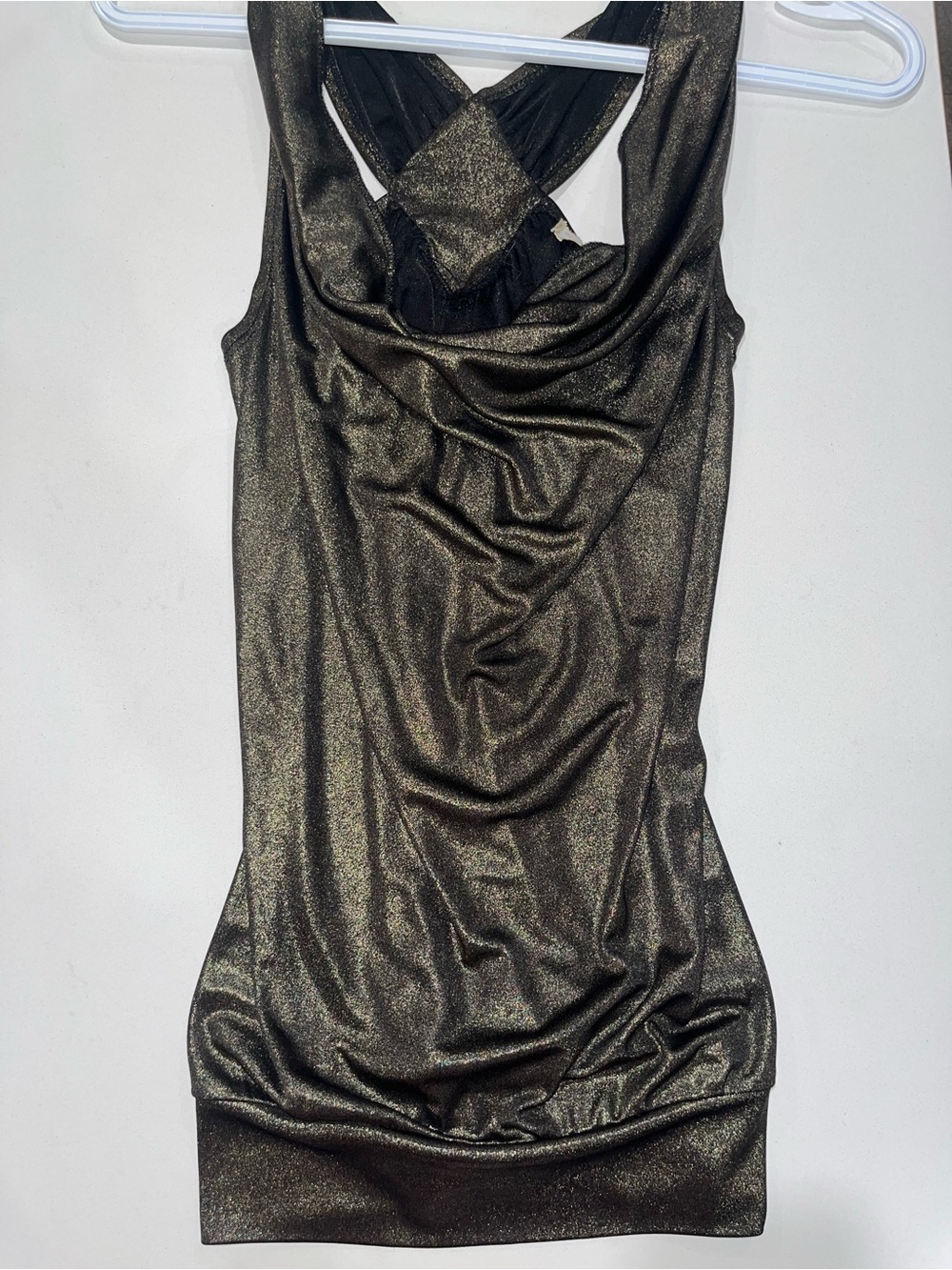 Metallic Black Cowl Neck Camisole with Cross-Back Detail